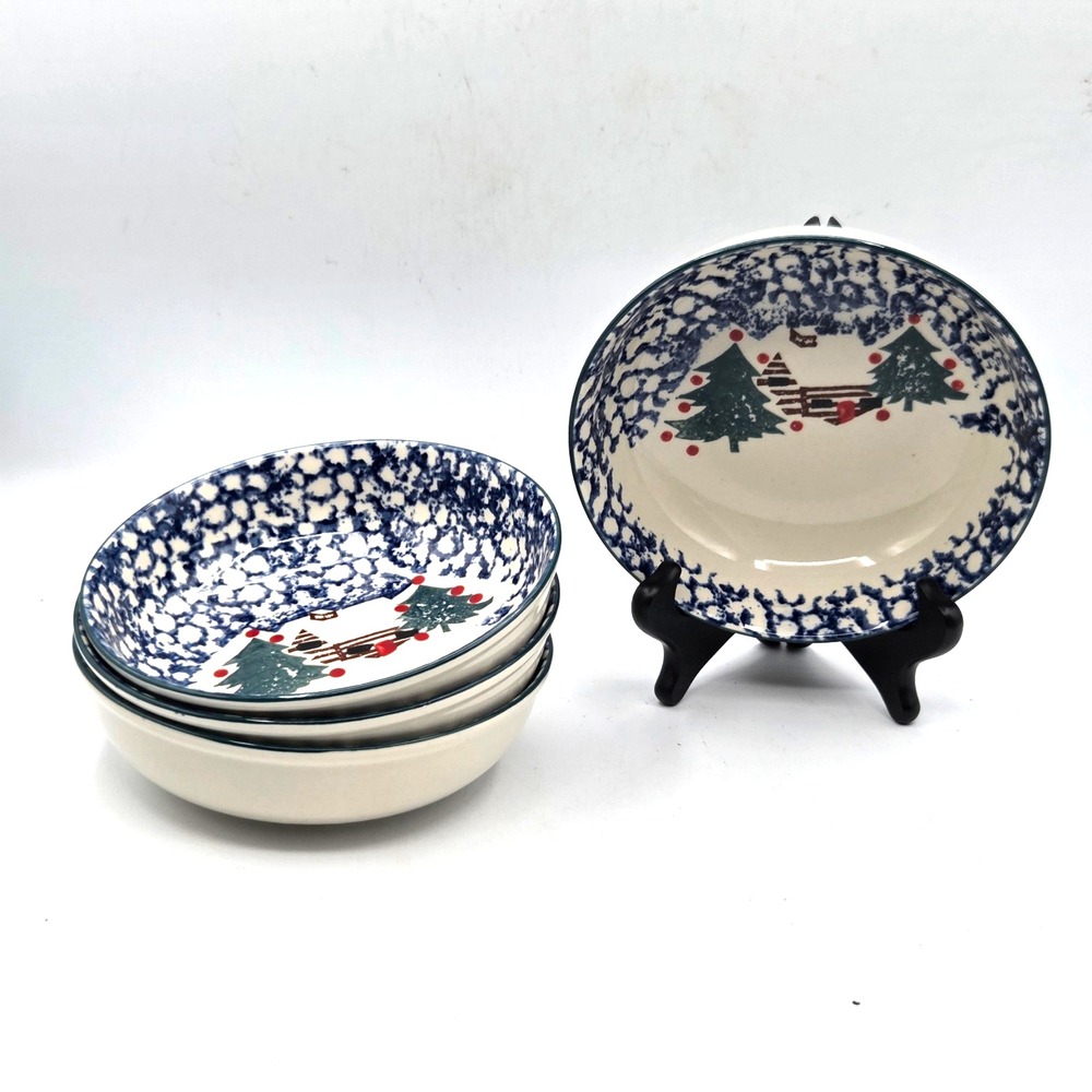 Set of 4 Folkcraft Cabin In Snow Cereal or Soup Bowls Christmas Winter